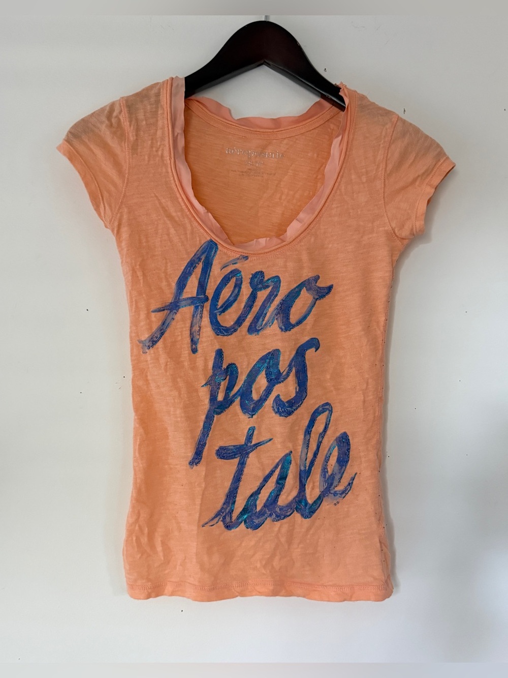 Y2K Vintage Aeropostale Peach Blue Embellished Baby Tee XS Beaded Cap Sleeves